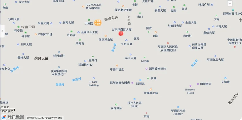 Street map around Pacific Commercial Building with the Shenzhen office marked